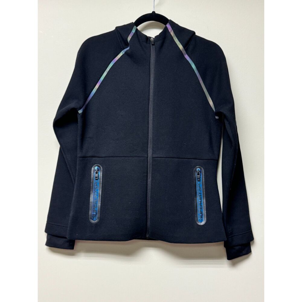SUPERDRY SPORT Black Zip Front Hoodie Iridescent Detail, Zip Pockets, Sz 8